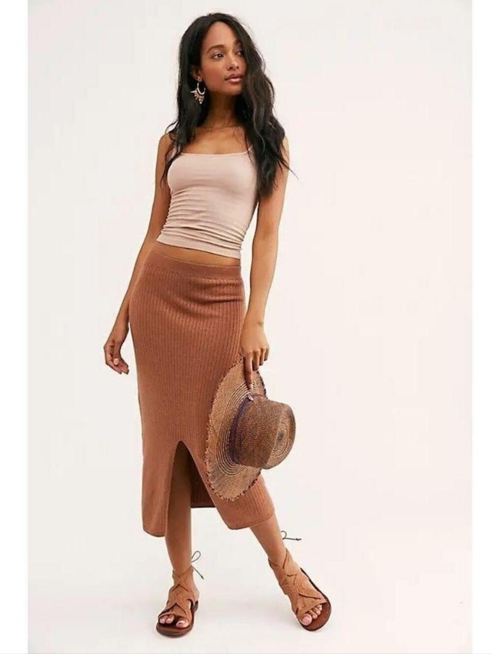 Free People Ribbed Midi Skirt in Warm Tan